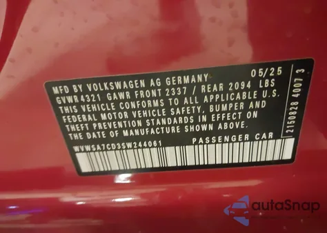 2025 Volkswagen Golf Gti 2.0T Se из США, поврежденный, VIN WVWSA7CD3SW244061